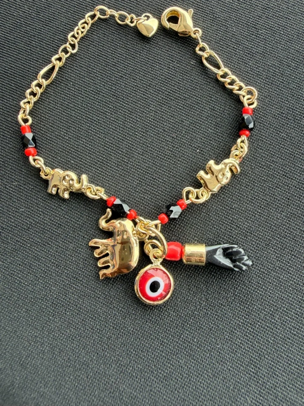 7in Baby AZABACHE Oro Laminado 18K EVIL EYE MANO Gold Elephant Charm Bracelet
